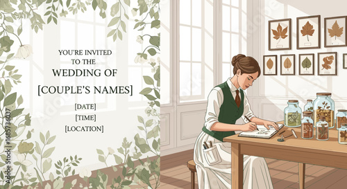 Vintage botanical wedding invitation design featuring an artist and natural elements