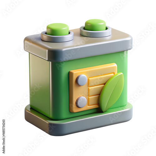 Modern 3D battery pack for renewable energy, white background.