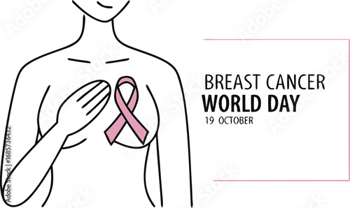Woman with pink ribbon on chest for breast cancer awareness support