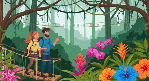 Adventurous couple exploring lush rainforest trails, crossing canopy walkway