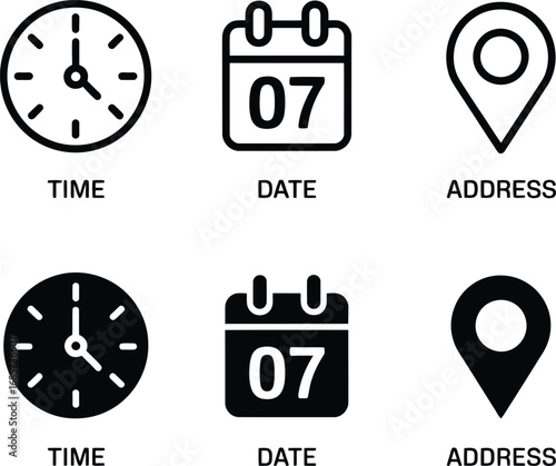 Collection of icons representing time date and location in black and white