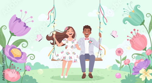 Enchanting newlyweds celebrate love on floral swing surrounded by nature's grace
