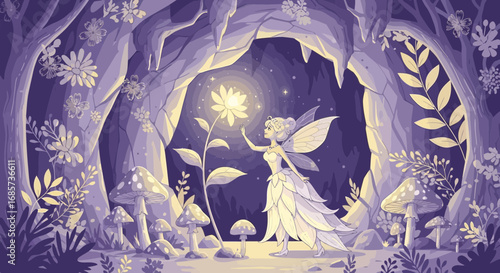 Enchanting fairy with luminous flower inside magical forest cave, in fantasy world