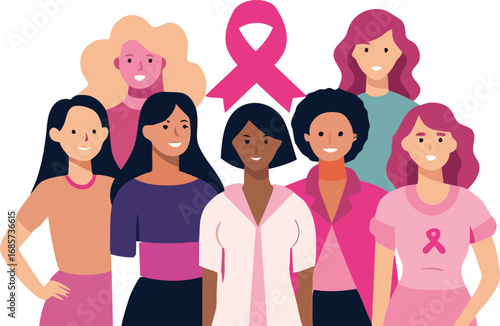 Diverse group of women united in support for breast cancer awareness and research