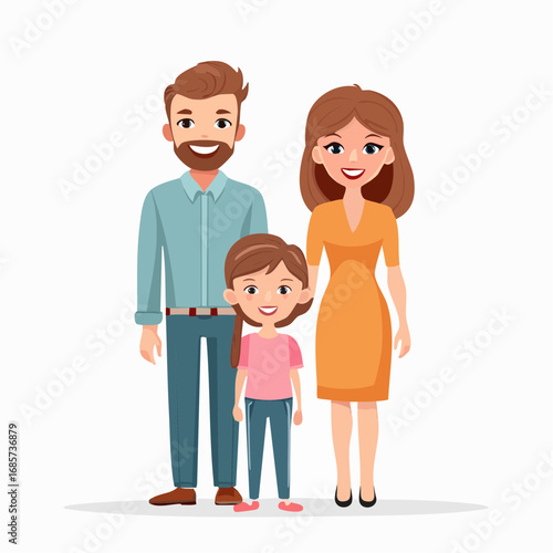 A happy and loving cartoon family portrait featuring a smiling father, mother, and their young daughter, showcasing togetherness and positive relationships and familial bond
