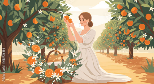 Tranquil scene of a woman harvesting oranges in an orchard with basket illustration