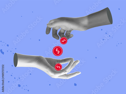 Сollage banner with hands pouring coins. Retro-colors and paper cut elements for finance, investment, and business-themed designs.