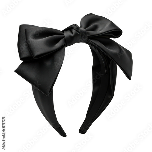 Elegant black satin bow headband isolated on transparent background