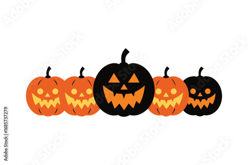 A row of spooky jack-o’ lantern pumpkins with glowing carved faces vector illustration