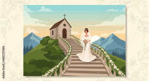 Illustration of a bride walking towards a charming hilltop chapel for wedding