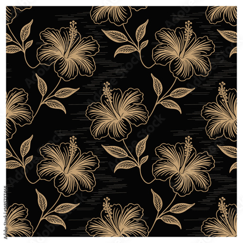 Golden Hibiscus" features elegant, hand-drawn hibiscus flowers in a striking gold outline, set against a bold black background. The sophisticated design of these tropical blooms, combined.