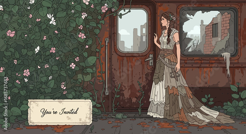 Invitation to a post-apocalyptic ball at an abandoned train station transformed by nature
