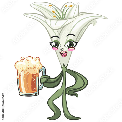 cute lily flower mascot cartoon vector illustration isolated raising a large beer glass, work of hand drawn