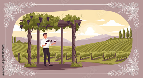 Serene Vineyard Scene: A Man Pours Wine Under a Grape Arbor with Rolling Hills