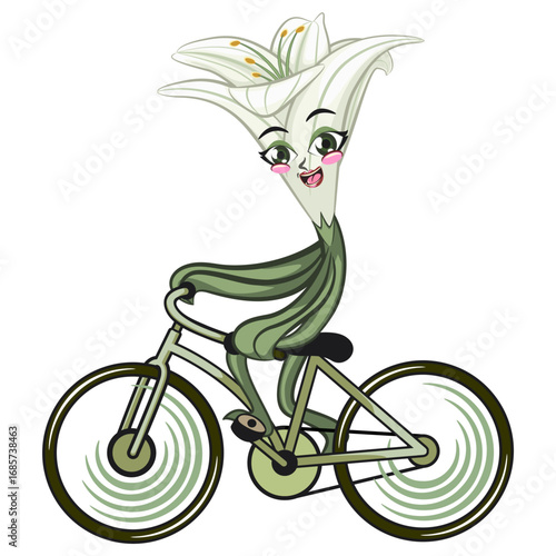 cute lily flower mascot cartoon vector illustration isolated enjoy riding a bike, work of hand drawn