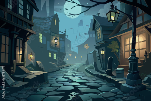 Mysterious cobblestone street at night under a full moon