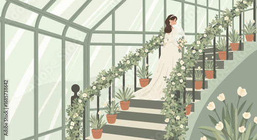 Elegant Wedding Illustration: Bride on Floral Adorned Staircase in Greenhouse Setting