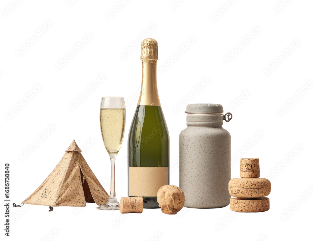 Naklejka premium Champagne and camping accessories. A champagne bottle, glass, and corks rest beside a small tent and a gray jar, suggesting a celebratory camping trip