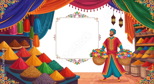 Vibrant spice market scene with merchant and colorful aromatic ingredients