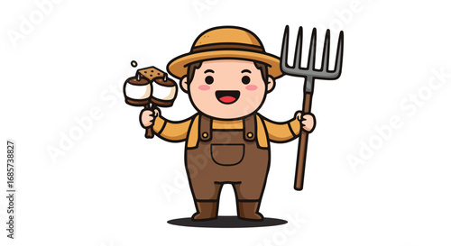 Cartoon farmer holding roasted marshmallows and pitchfork