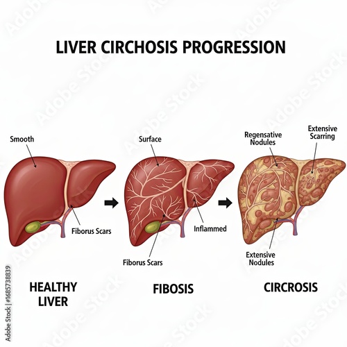 Medical diagram showing progression from healthy liver to fibrosis and cirrhosis with regenerative nodules and scarring - hepatology education illustration.