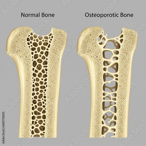 Comparison of healthy and osteoporotic bone showing reduced trabecular density and increased porosity - visualizing bone loss, fracture risk and BMD concepts.