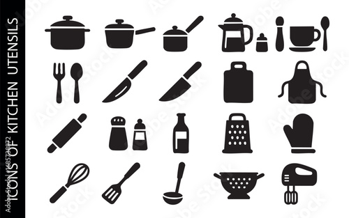 a set of black icons with kitchen utensils. Vector