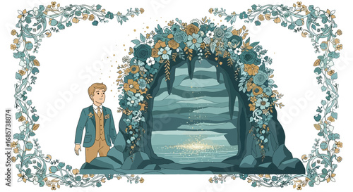 Enchanting Floral Cavern Ceremony Illustration with Groom Character Elegance
