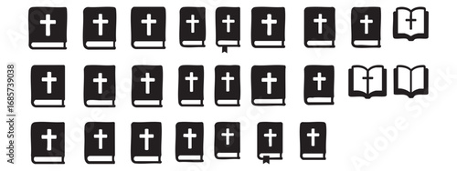 set of black icons of the book Bible. Vector on a black background