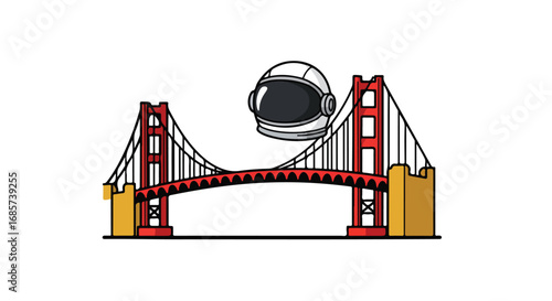 Cartoon illustration of golden gate bridge with astronaut helmet