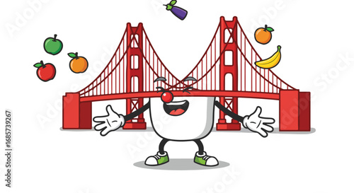 Cartoon juggling character with fruits against a bridge