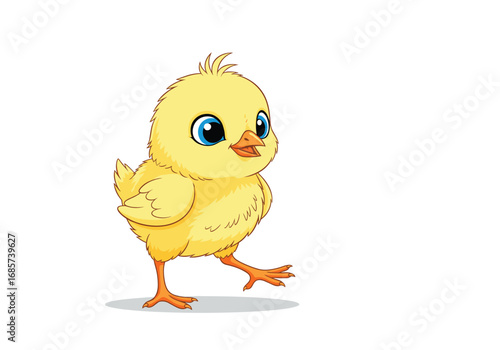 Adorable yellow chick walking lively on white background expressing joyful movement