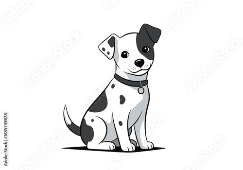 A charming small puppy with black spots sitting patiently