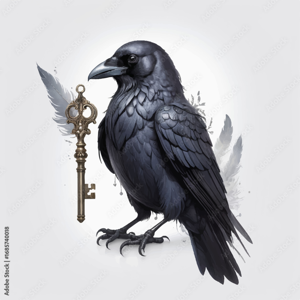 Fototapeta premium Gothic Raven with Antique Key | Dark Halloween Bird Design, Adobe Illustrator Artwork
