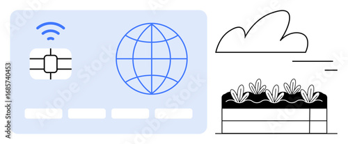 Credit card with globe and wireless chip icon paired with minimalist garden bed and cloud. Ideal for payment processing, technology, sustainability, digital connectivity, agriculture, fintech, simple