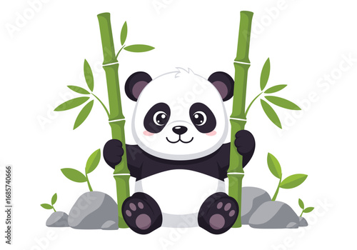 Adorable baby panda relaxing among green bamboo stalks and rocks in a peaceful forest setting