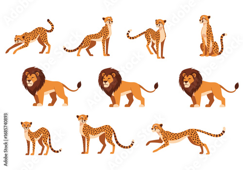 Collection of elegant cheetahs and majestic lions posed in various wild animal actions