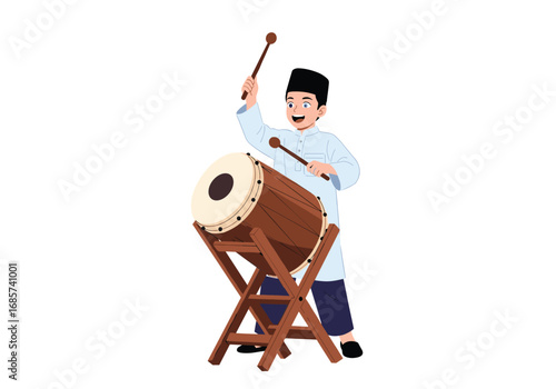 Joyful muslim child plays traditional drum celebrating islamic festival with enthusiasm