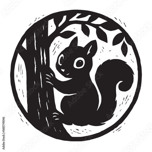 Squirrel clinging to a tree trunk isolated on white background