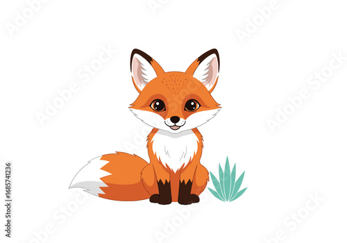 Adorable cartoon fox with bushy tail sitting in the grass looking curious and playful