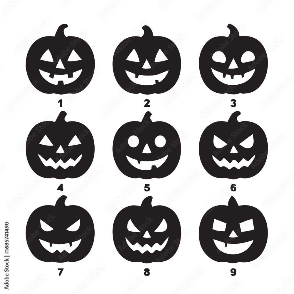 Obraz premium Nine halloween pumpkins with different carved faces isolated on white background
