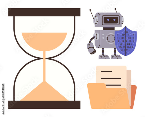 Hourglass symbolizing time, robot holding a shield, and folder with documents suggesting automation. Ideal for time efficiency, data security, automation, technology, innovation, productivity simple