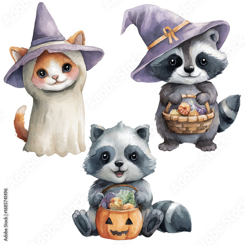 Halloween celebration, ghosts, Halloween lemur, Halloween greeting cards, pumpkin, candy, Halloween watercolor card, watercolor animals,funny Halloween animals