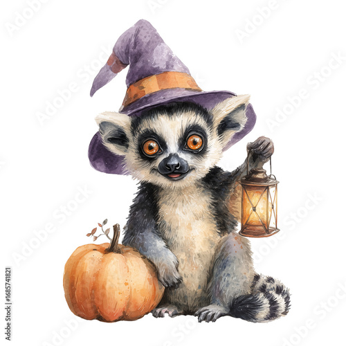 Halloween celebration, ghosts, Halloween lemur, Halloween greeting cards, pumpkin, candy, Halloween watercolor card, watercolor animals,funny Halloween animals