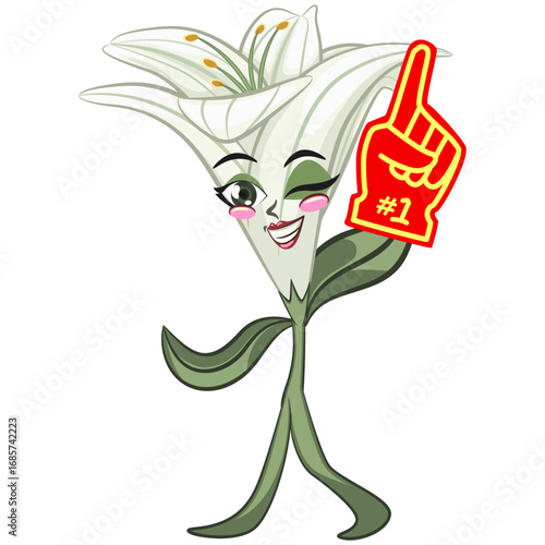 cute lily flower mascot cartoon vector illustration isolated raise foam finger, work of hand drawn