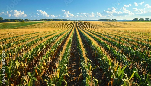 Corn stalks lined in endless golden rows under blue skies,