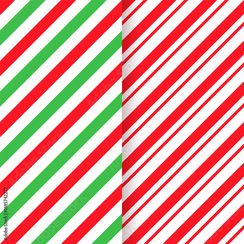 Candy cane Christmas seamless pattern. Striped background. Red green peppermint wrapping texture. Vector. Xmas holiday diagonal stripes. Set of cute caramel package prints. Geometric illustration.
