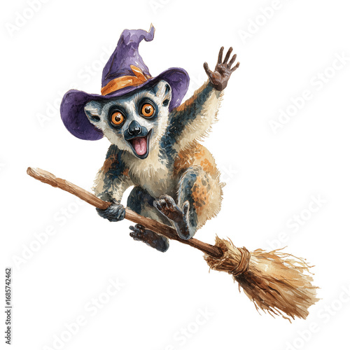 Halloween celebration, ghosts, Halloween lemur, Halloween greeting cards, pumpkin, candy, Halloween watercolor card, watercolor animals,funny Halloween animals