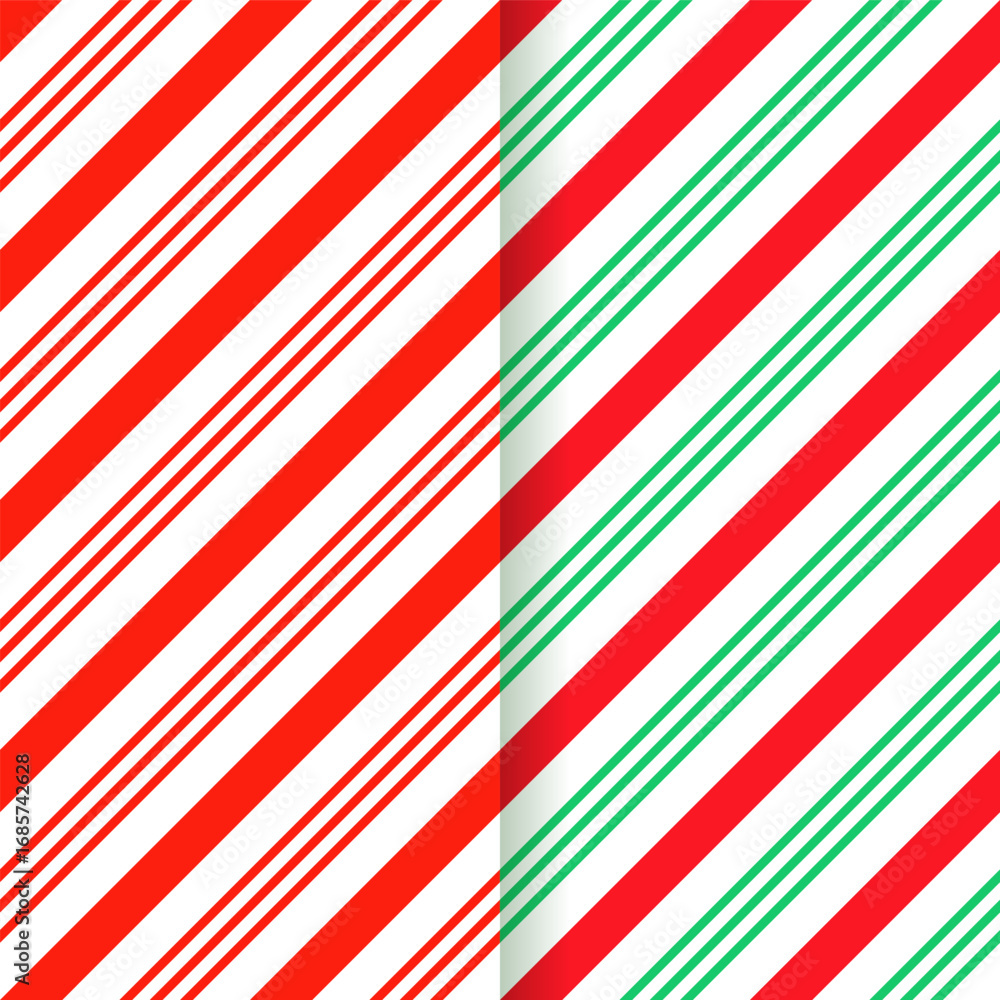 Naklejka premium Red green candy cane wrapping texture. Peppermint seamless pattern. Christmas striped background. Vector. Xmas holiday diagonal stripes. Set of cute caramel package prints. Geometric illustration.