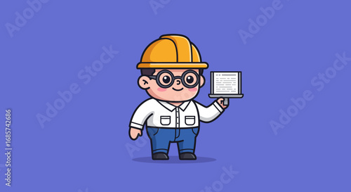 Cartoon illustration of an engineer holding a laptop, representing innovation and technology in the workplace